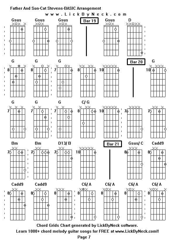 Chord Grids Chart of chord melody fingerstyle guitar song-Father And Son-Cat Stevens-BASIC Arrangement,generated by LickByNeck software.